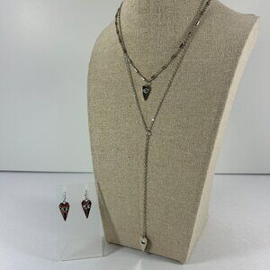 1946 Silver Tone Necklace Earring Set Evil Eye Dangle Lariat 2 Tier Pendant